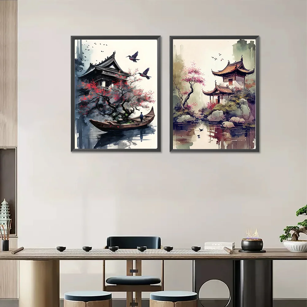 2pcs/Set Diamond Painting - Full Round Drill - Ink Landscape(Canvas|30*40cm)