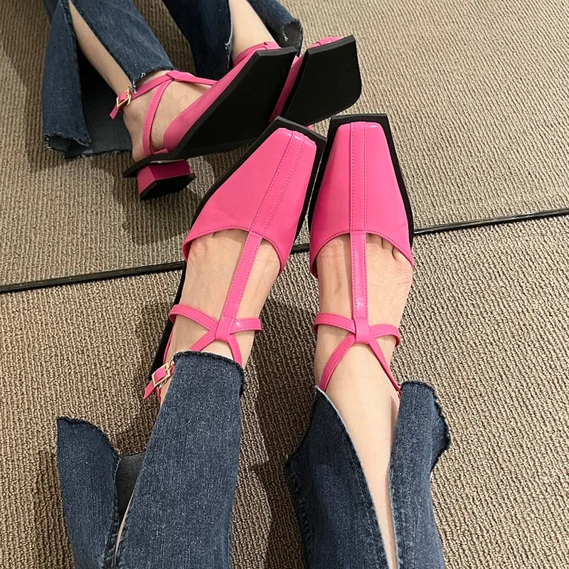 Square Toe Med Heels Mary Jane Shoes For Women Brand Design Ankle Strap Slingback Pumps Woman Soft Sole Green Party Shoes