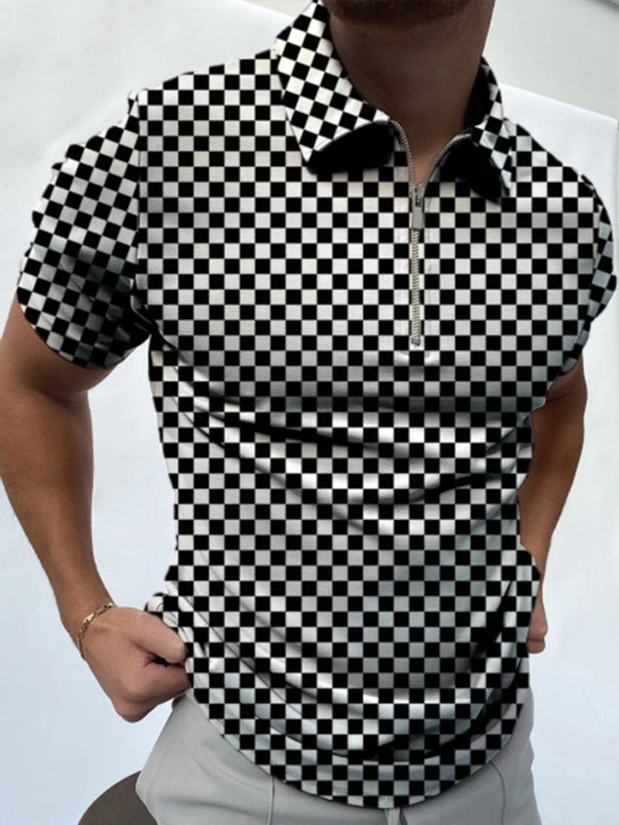 Black and White Check Short Sleeve Polo Shirt