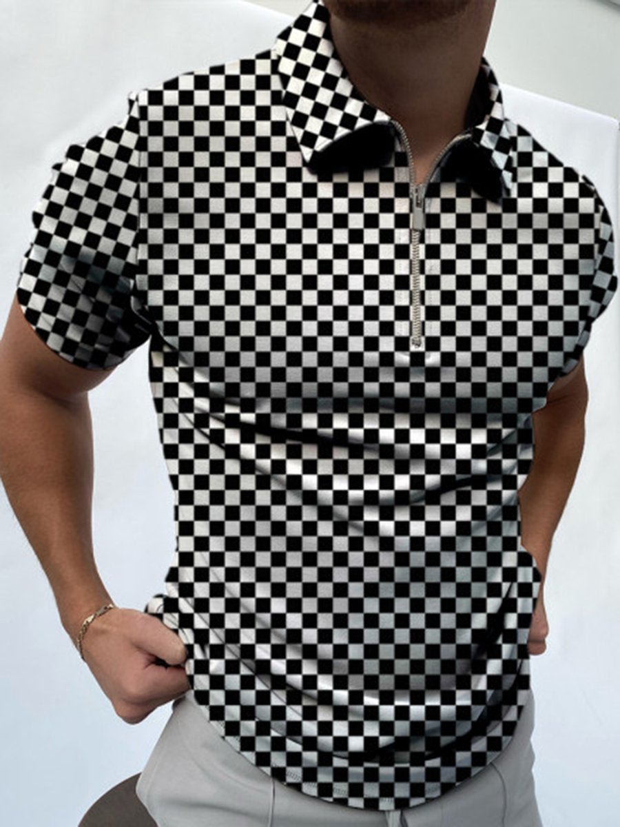 Black and White Check Short Sleeve Polo Shirt
