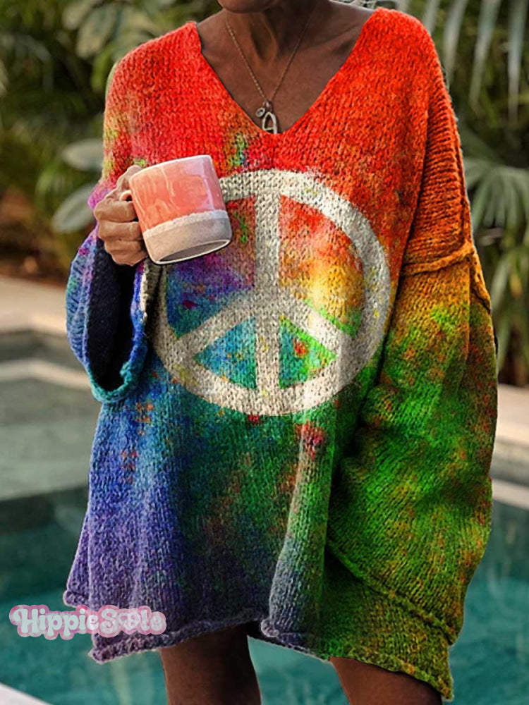 Women’s Retro Hippie Peace Sign Love And Rainbow Casual Pullover Sweater Multicolor / M