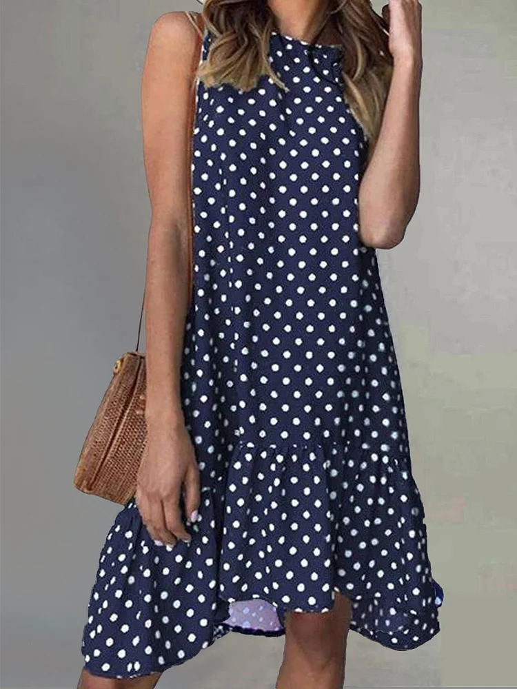 Loosen Polka Dots Buttoned Sleeveless Woven Dresses