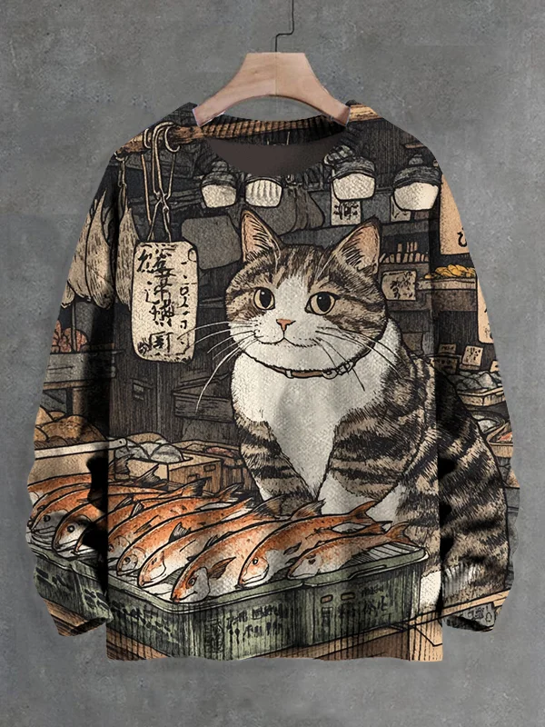 Men's Japanese Cat Selling Fish Art Print Knit Sweatshirt