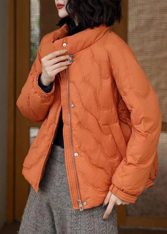VCSHOES Orange Stand Collar Zip Up Duck Down Jackets Winter