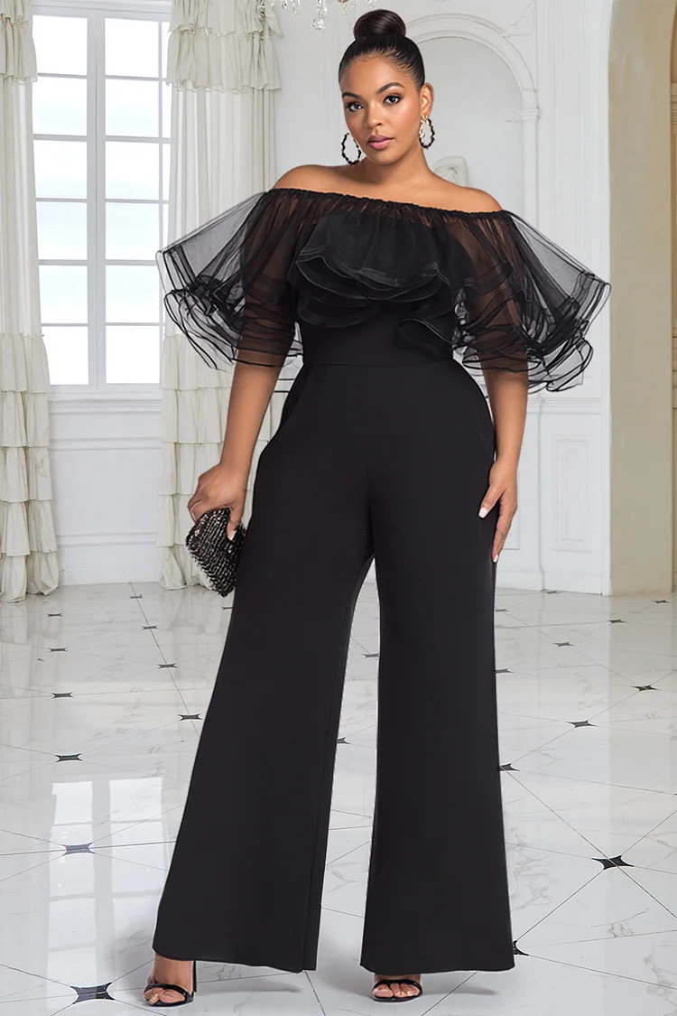 Xpluswear Design Plus Size Formal Elegant Black Off The Shoulder Short Sleeve Ruffle Wide Leg Tulle Jumpsuits [Pre-Order] 2024 - Xpluswear