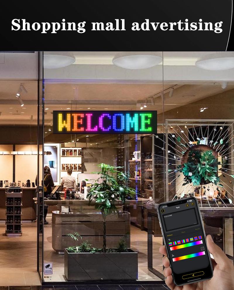 Product Introduction of Scrolling Huge Bright Advertising LED Signs. Flexible USB 5V LED Store Sign Bluetooth App Control Custom Text Pattern Animation Programmable LED Display for Store Car Bar Hotel 12
