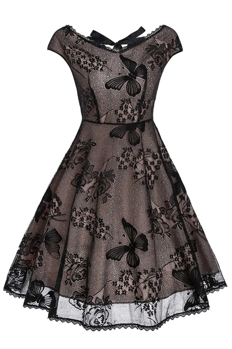 1950s Retro 1950s  Butterfly Embroidery Lace Backless Lace Up Midi Dress