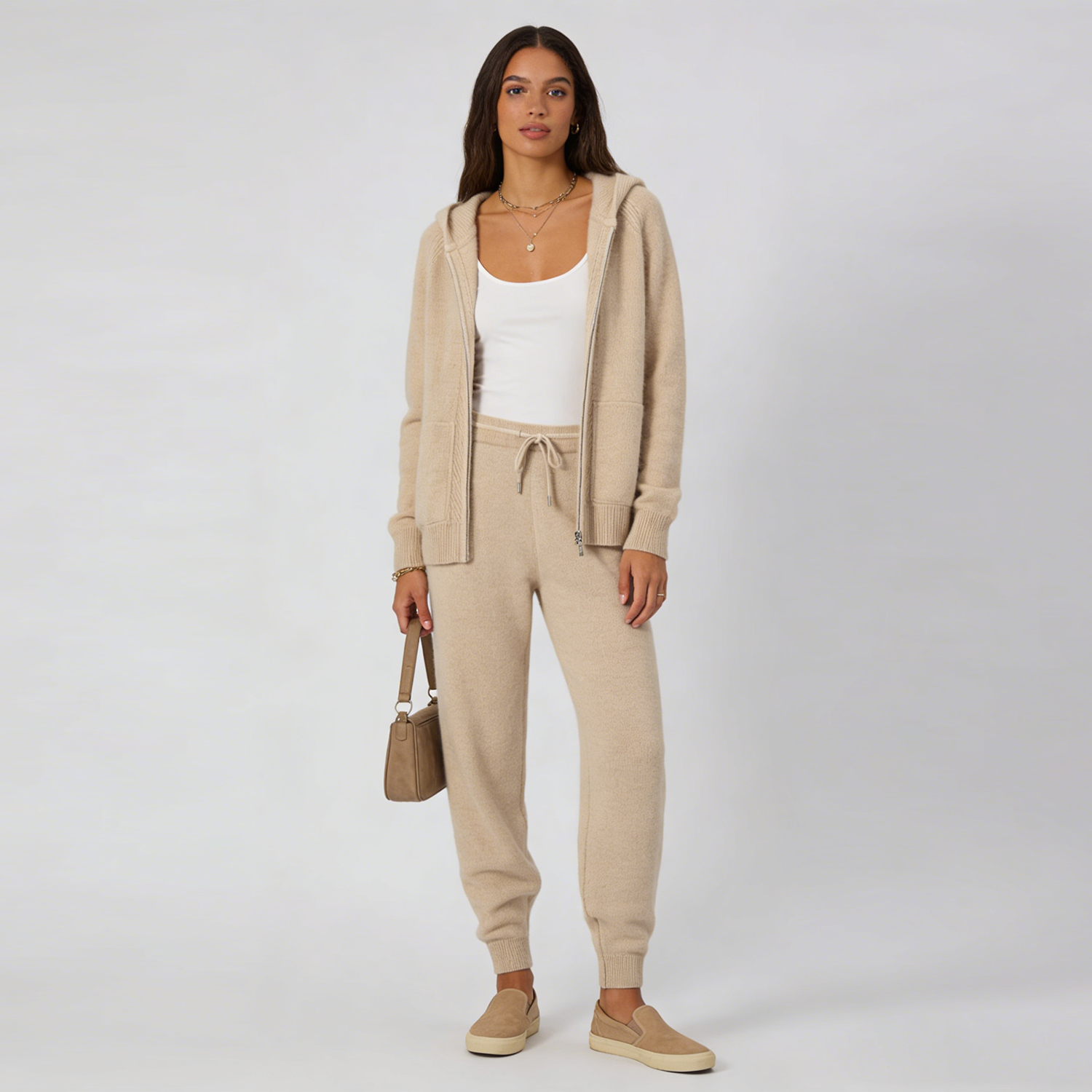 Cashmere Shirt Jacket and Pants Set Hooded Thickened Zipper Loose REAL SILK LIFE