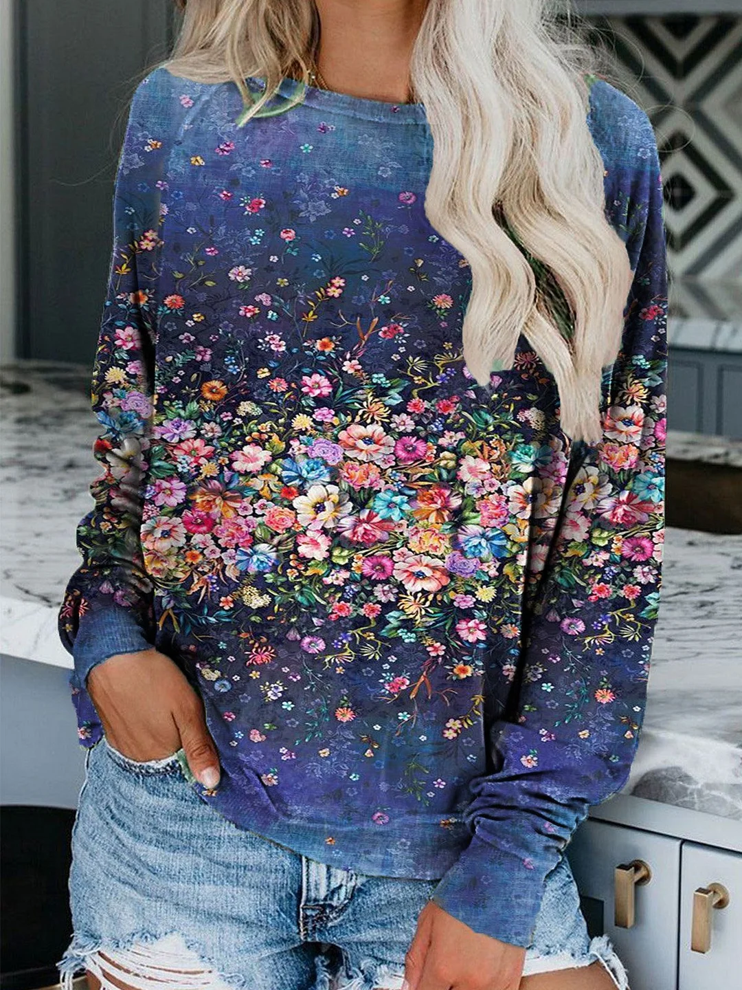 Floral Long Sleeve Floral-Print Casual Sweatshirt
