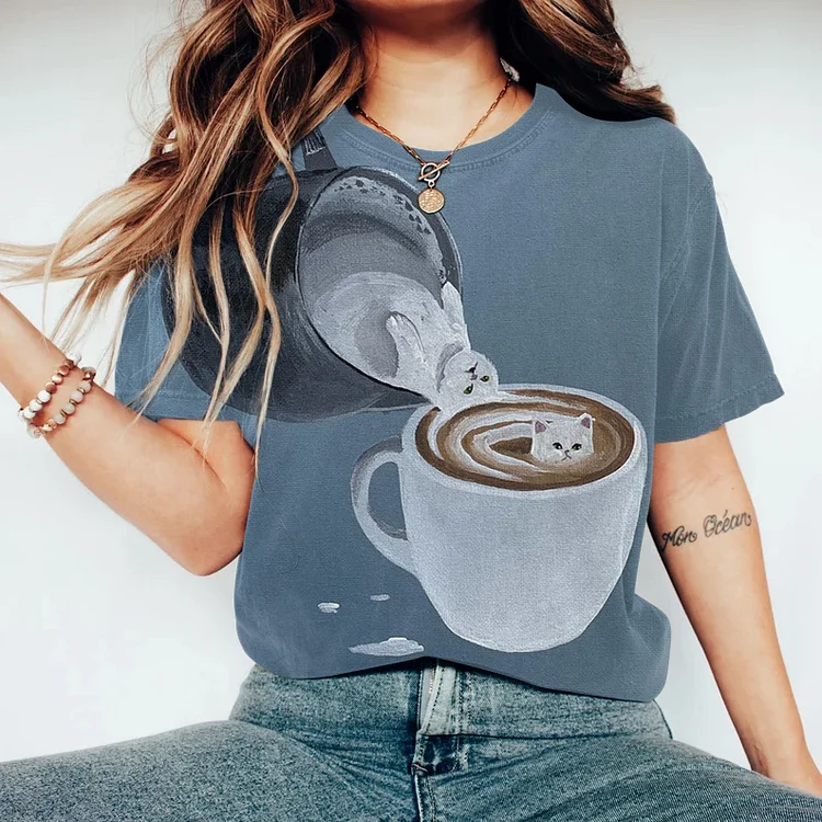 Abstract Creative Latté Cute Cat Painting Art T-Shirt