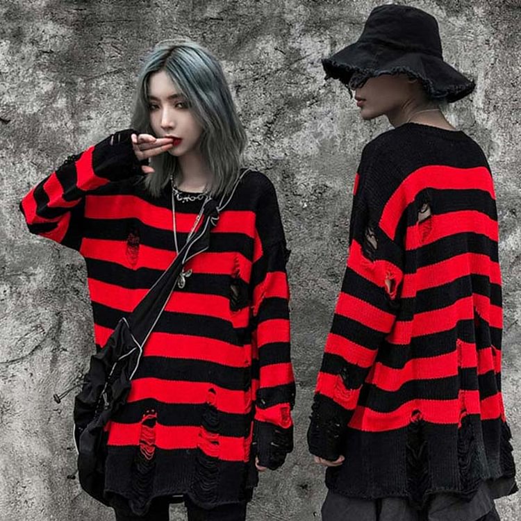 Girlfriend Boyfriend Stripe Ripped Sweater - Modakawa Modakawa