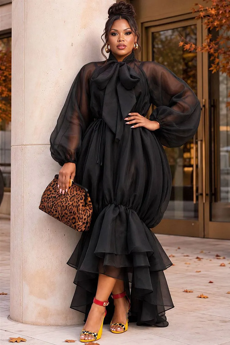 Xpluswear Design Plus Size Cocktail Party Black Bow Tie Lantern Sleeve Long Sleeve Mermaid Ruffle Tulle Maxi Dresses [Pre-Order] 2024 - Xpluswear