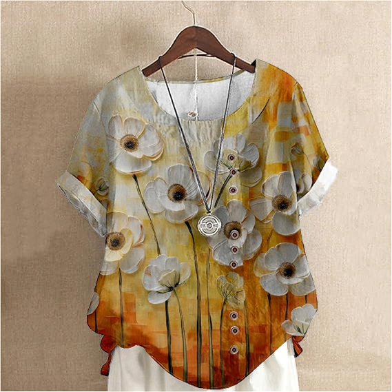 Women's Oil Painting Floral Pattern Cotton And Linen Short Sleeve Top