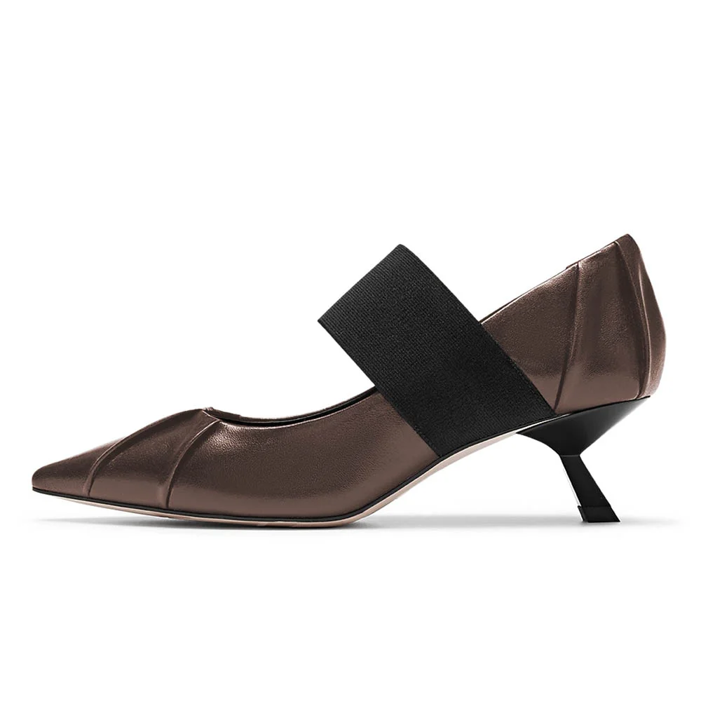 Brown Pleated Pointed Toe Elastic Band Kitten Heel Pumps for Women