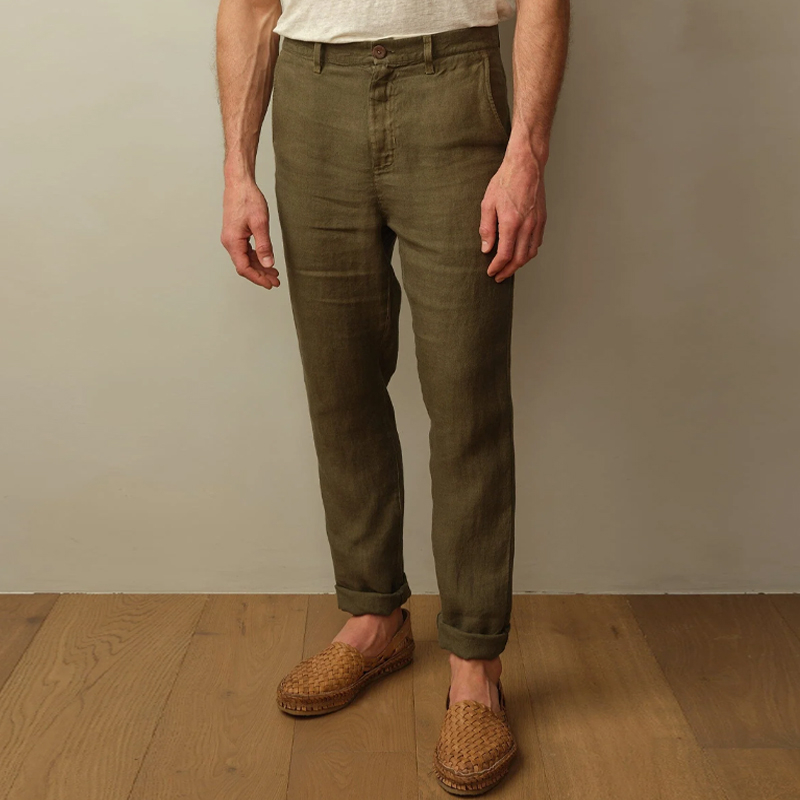 Men's Olive Green Cotton And Linen Straight Pants