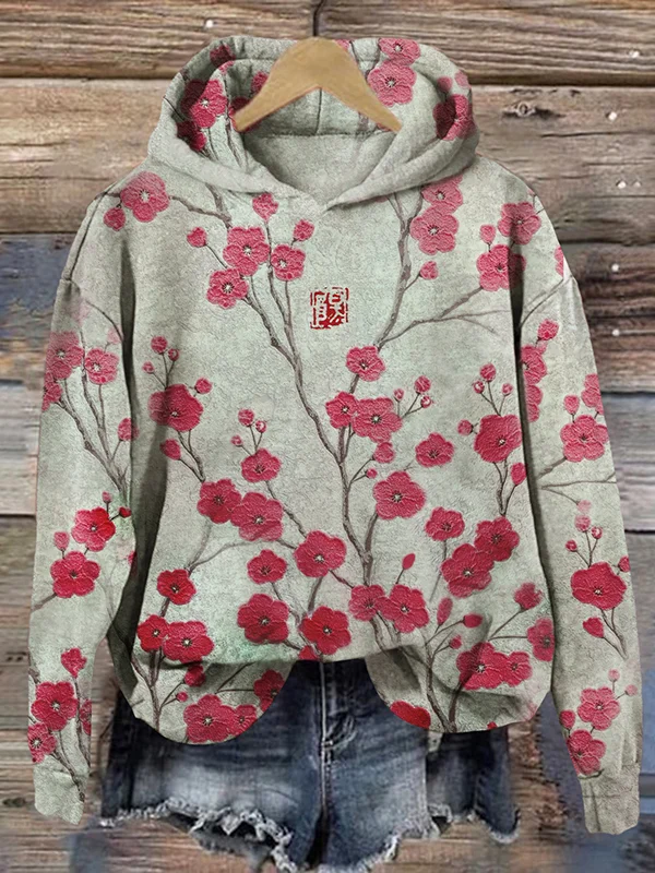 Women's Vintage Plum Blossom Tree Print Hooded Sweatshirt