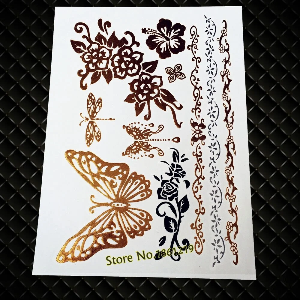 Sdrawing Shiny Metallic Tattoo Henna Gold Flower Body Art GCT166 Silver Lace Feather Tattoo Bracelet Flash Temporary Tattoo Stickers
