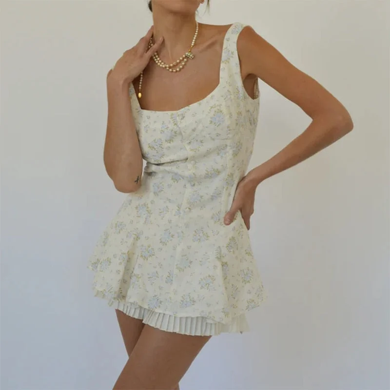 Toloer White Floral Print Pleated Trim Mini Dress-Outfit Ideas