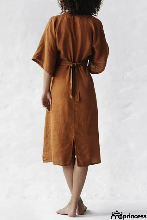 V Neck Slit Bat Sleeve Midi Dress