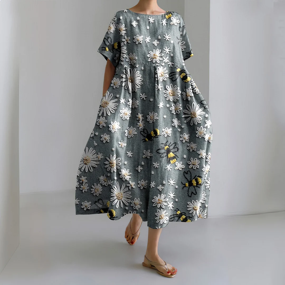 Daisy Bee Print Round Neck Short Sleeve Midi Dress