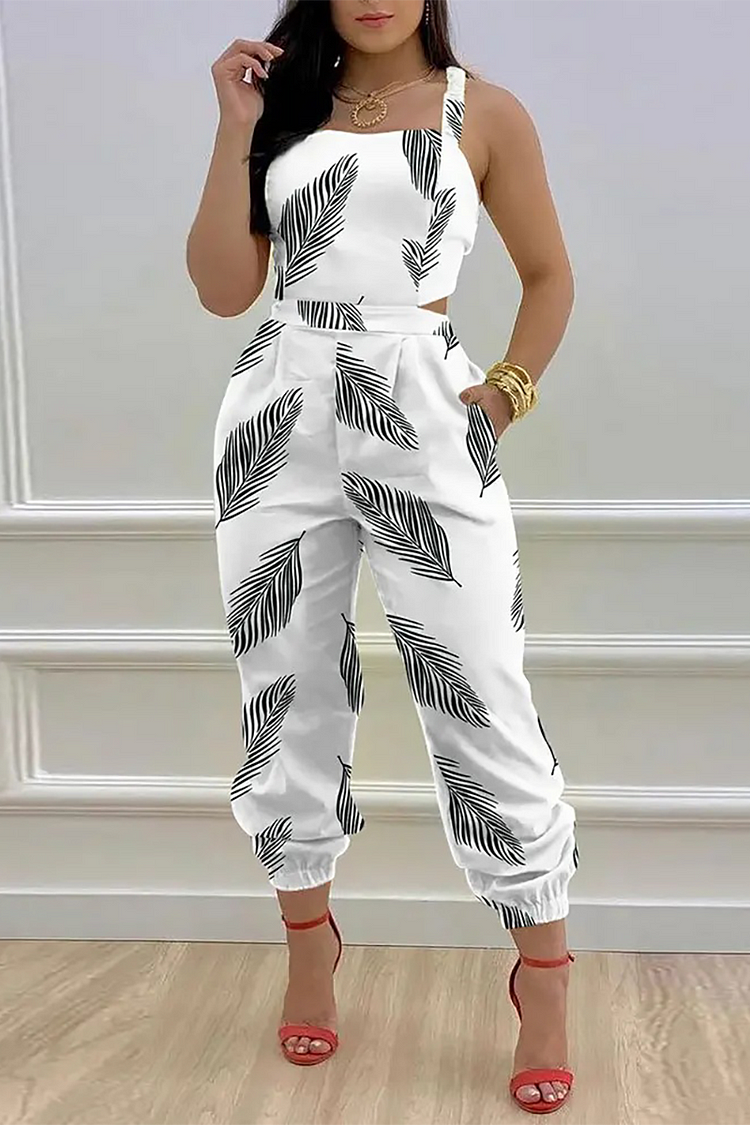 Leafy Print Wide Strap Crossover Backless High Waist Jumpsuit-White