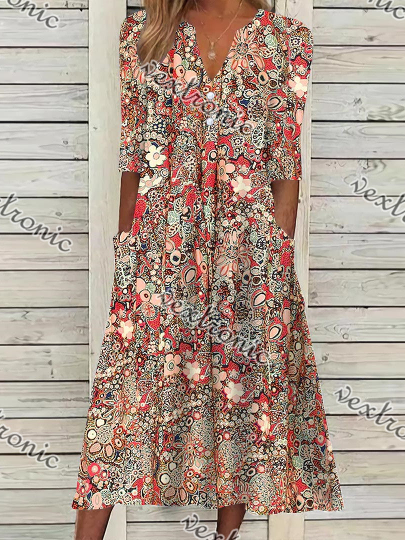 Women Half Sleeve V-neck Floral Printed Pockets Midi Dress