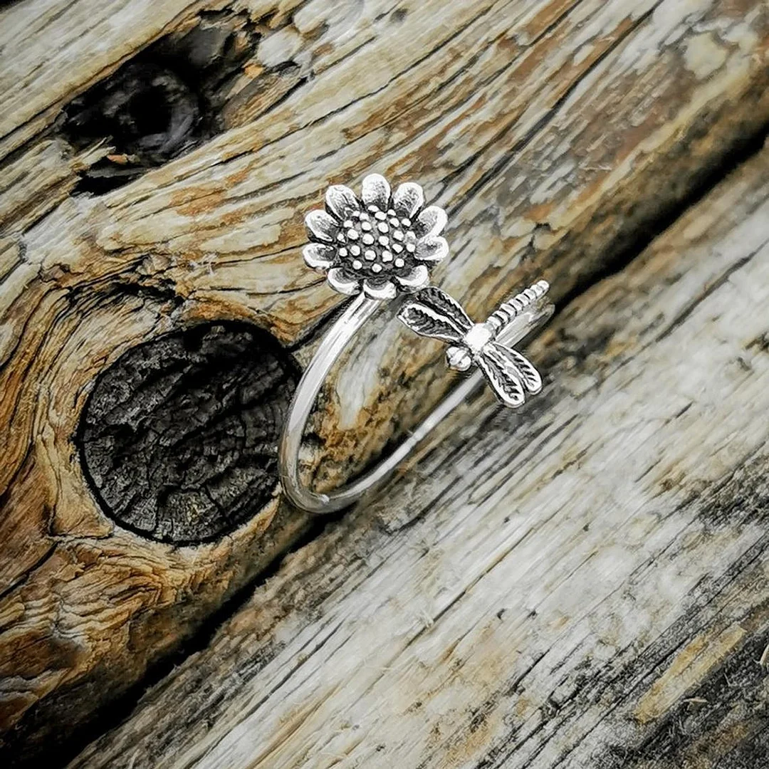 Vintage Sunflower and Dragonfly Adjustable Ring