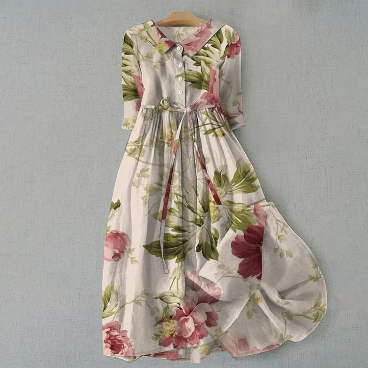 VChics Women's Vintage Botanical Floral Design Print Lace-Up Dress