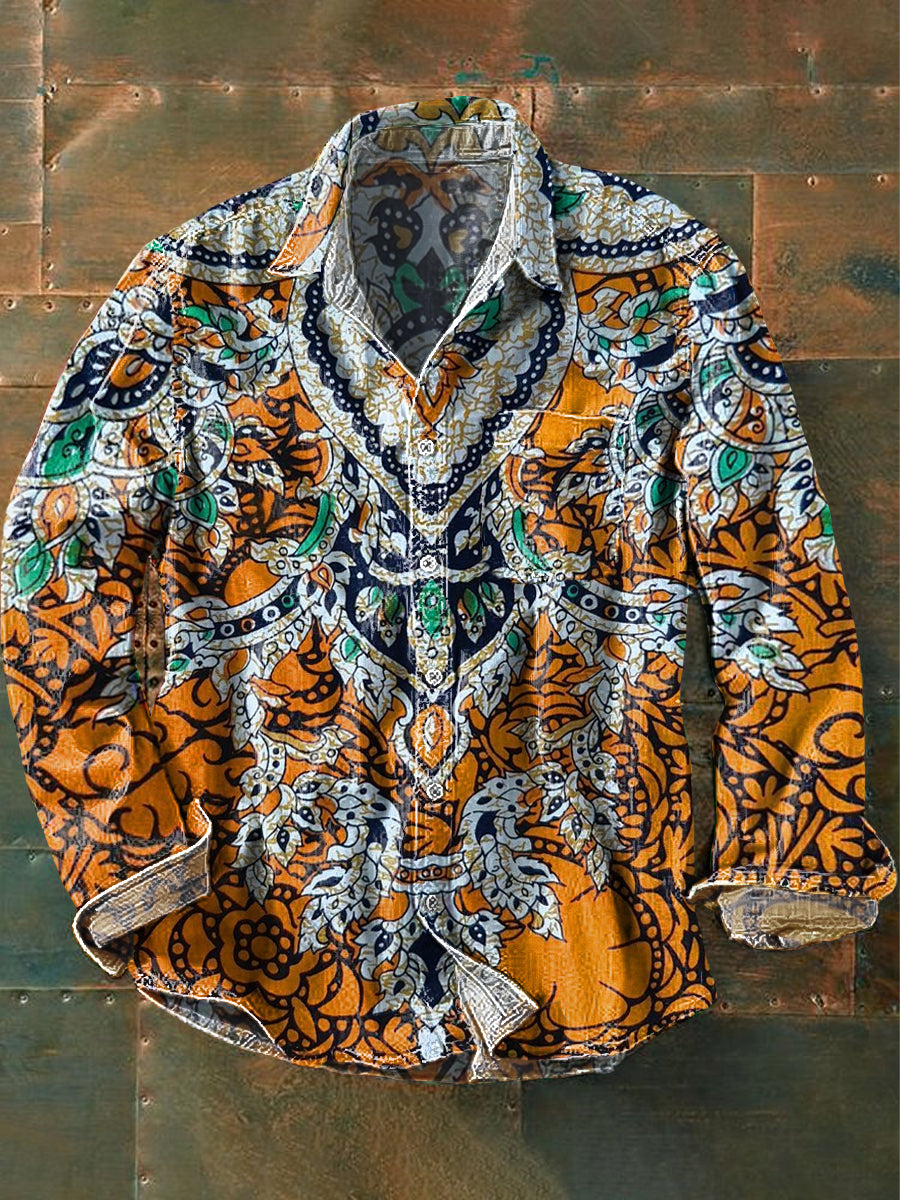 Men's Vintage Bohemian Art Print Long Sleeve Pocket Shirt
