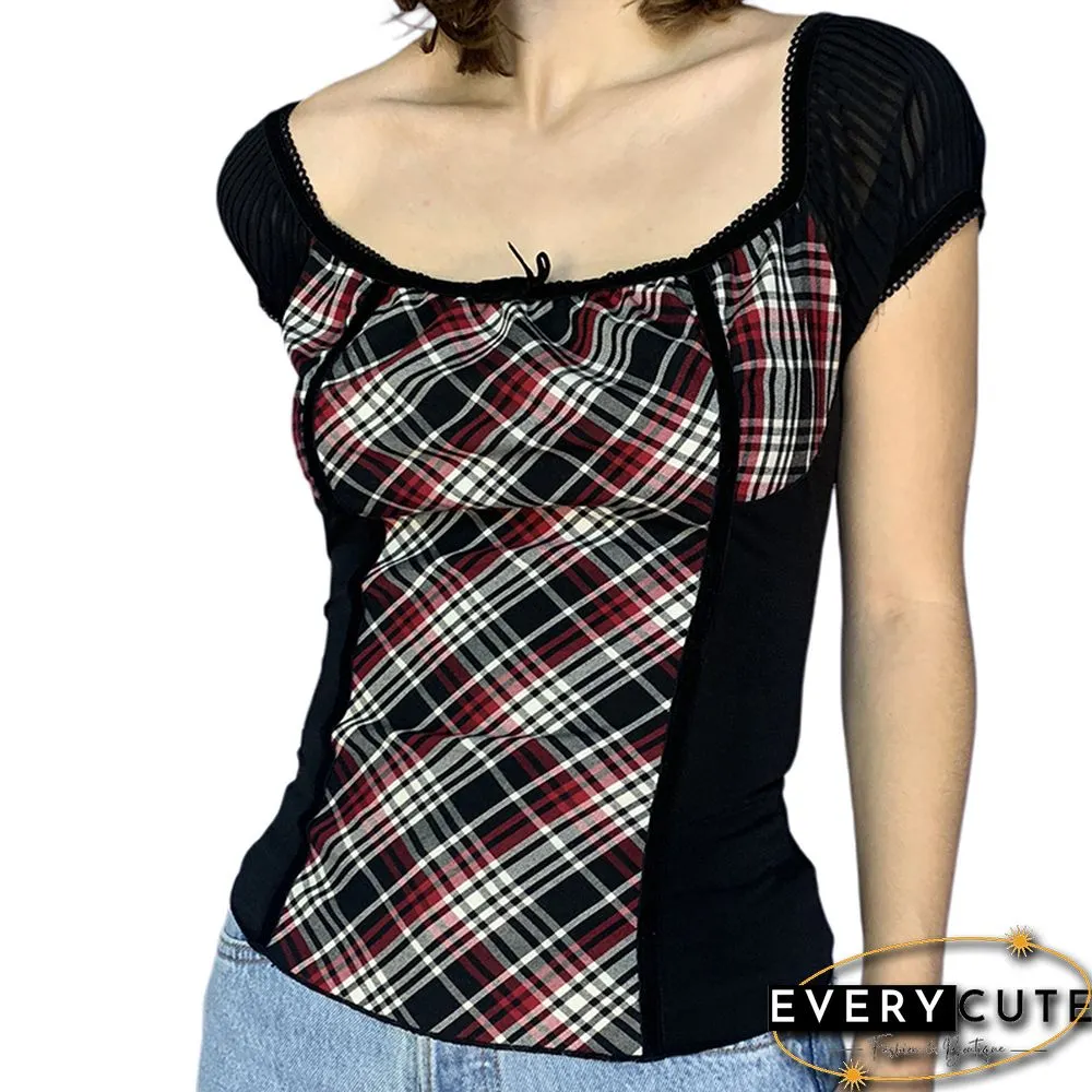 Vintage Y2k Plaid Print Patchwork Tops Women Square Collar Retro Grunge Crop Tees Ruffle