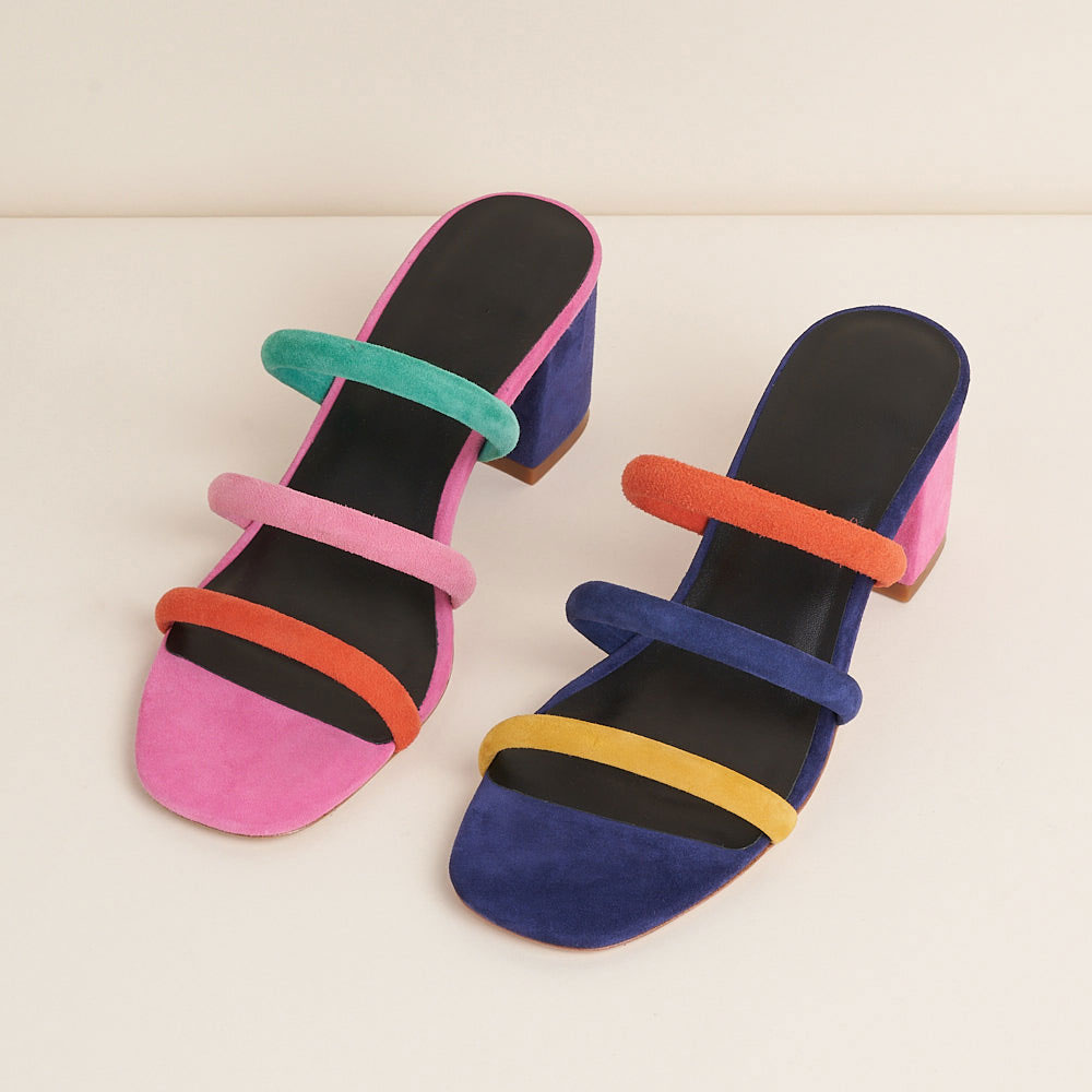 Multicolor Square Toe Chunky Heel Triple Straps Mules for Women Nicepairs