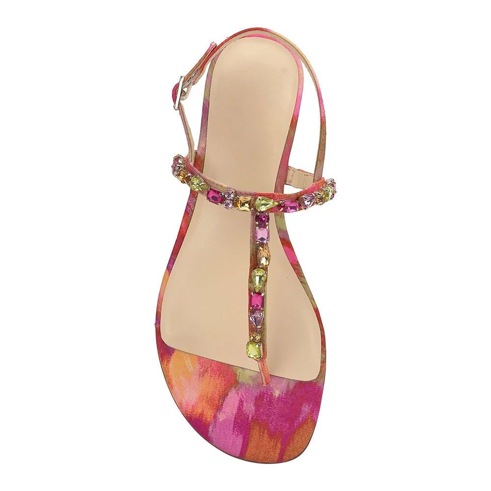 Pink Round Toe Buckle Slingback Flip Flop Colorful Rhinestone Sandals