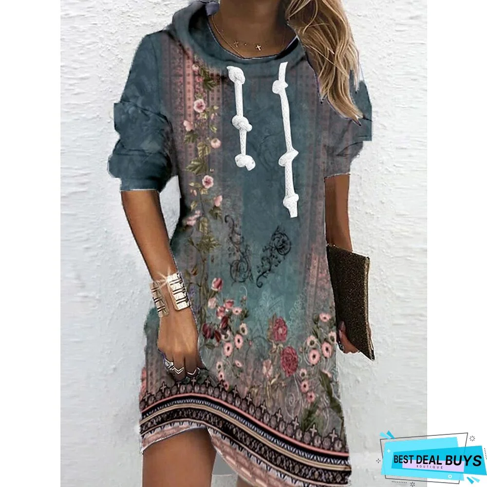Women&lsquo;s Hoodie Dress Winter Dress Sweatshirt Dress Winter Dress  Green Blue Purple Long Sleeve Floral Print Winter Fall Hooded Vacation Casual Fall Dress 2022 S M L XL XXL 3XL