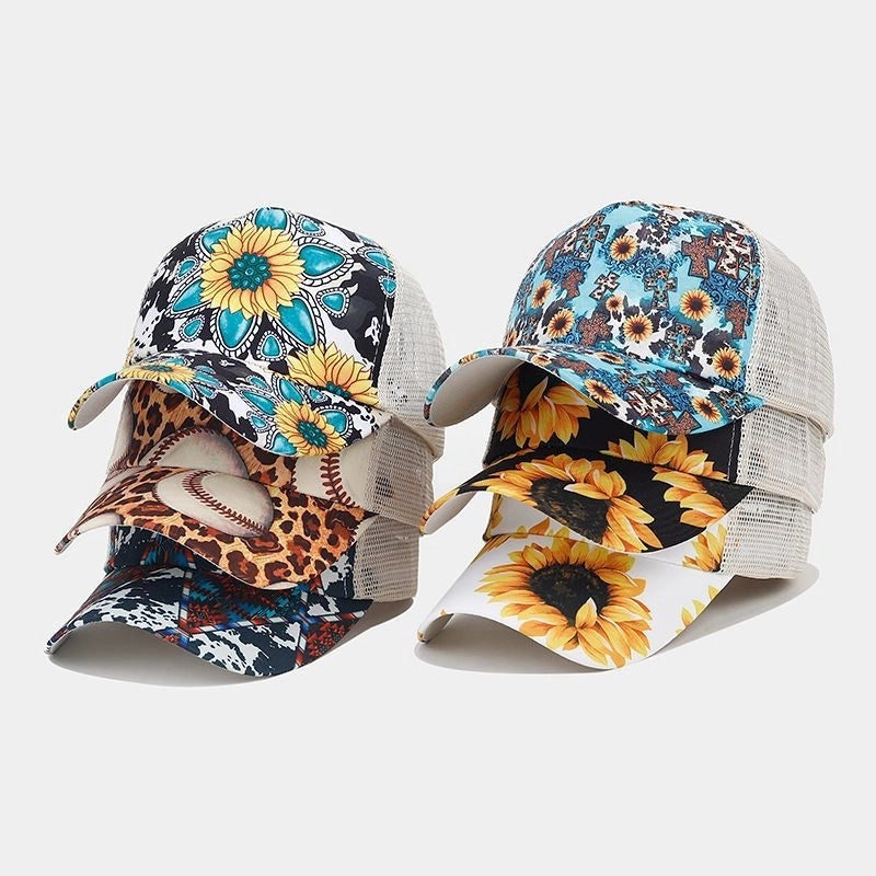 Unisex Casual Sunflower Leopard Printing Curved Eaves Baseball Cap