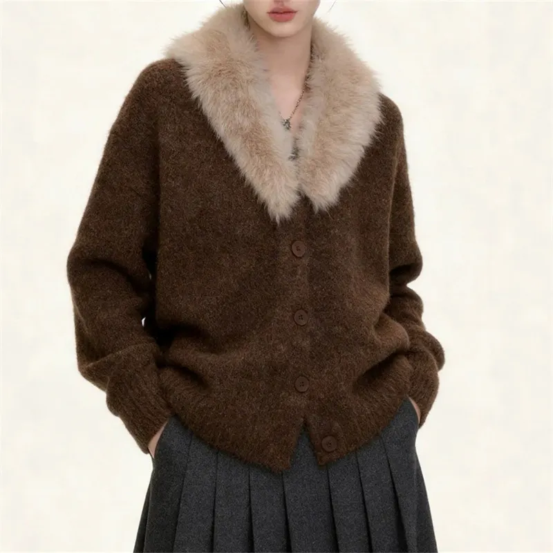 Women Faux Fur Collar Knit Cardigan