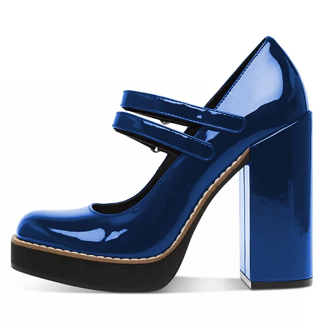 Blue Square Toe Double Buckle Strap Mary Jane Platform Shoes