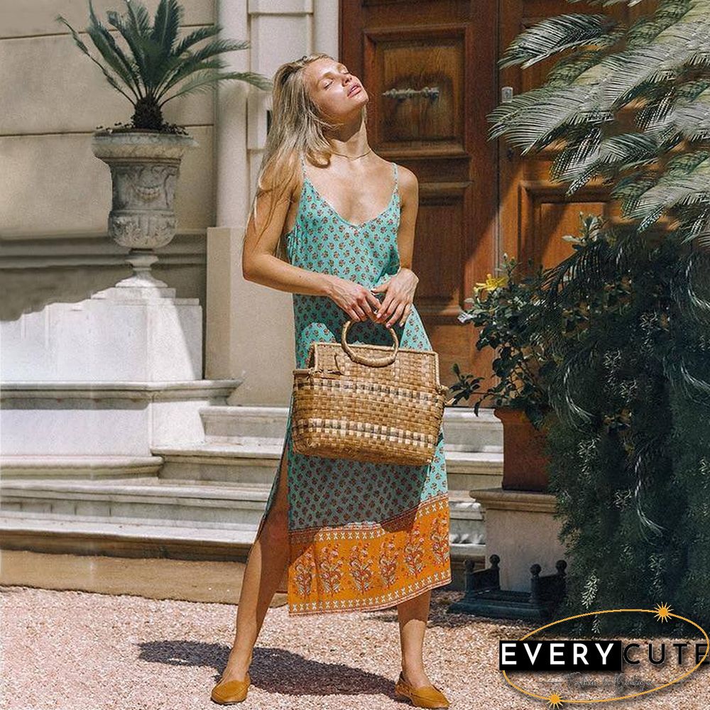 Spring Summer New Ladies Bohemian Print Hem Stitching Split Straight Sling Dress Women V Neck Spaghetti Strap Sexy Dresses