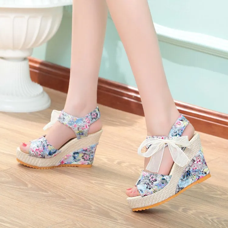 Women Floral Print Bowknot Espadrille Wedge Sandals