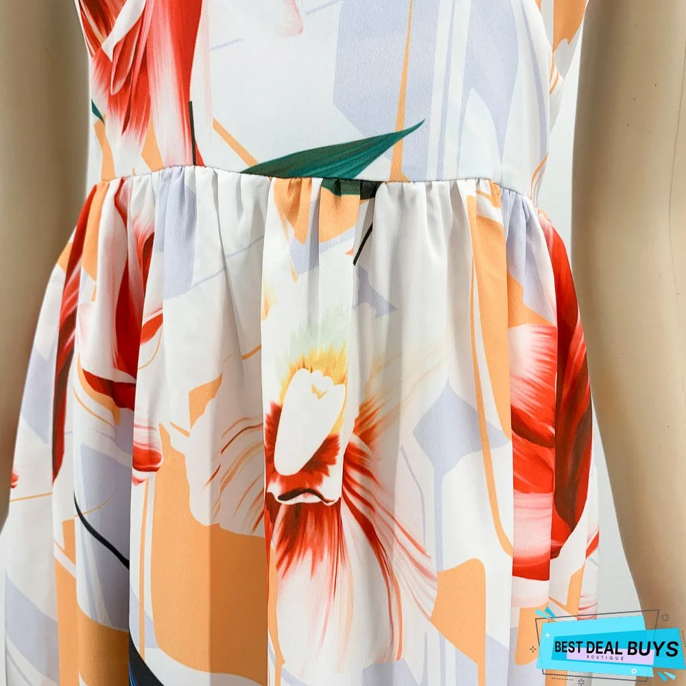 Fashion Strap Print Beach Dress White Dresses