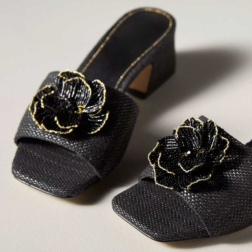 Black Square Toe Chunky Heel Floral Rhinestone Wide Band Mules Nicepairs