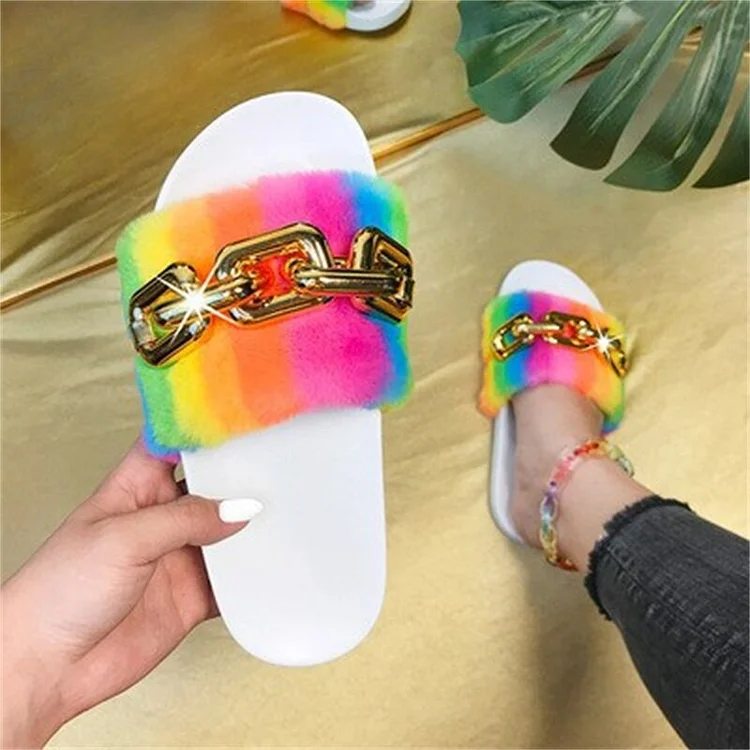 New Fashion Women's Fur Slides Furry Fur Slippers Peep Toe Shoes QueenFunky