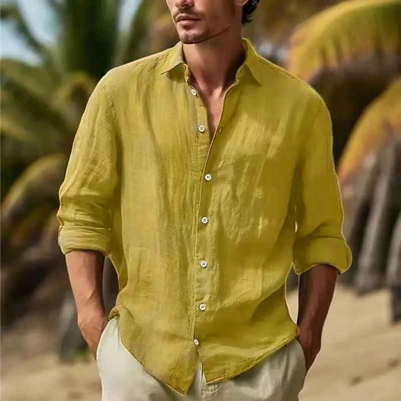 Uveng Uveng Men's Linen Shirt Button Shirt Summer Beach Shirt Pure Color