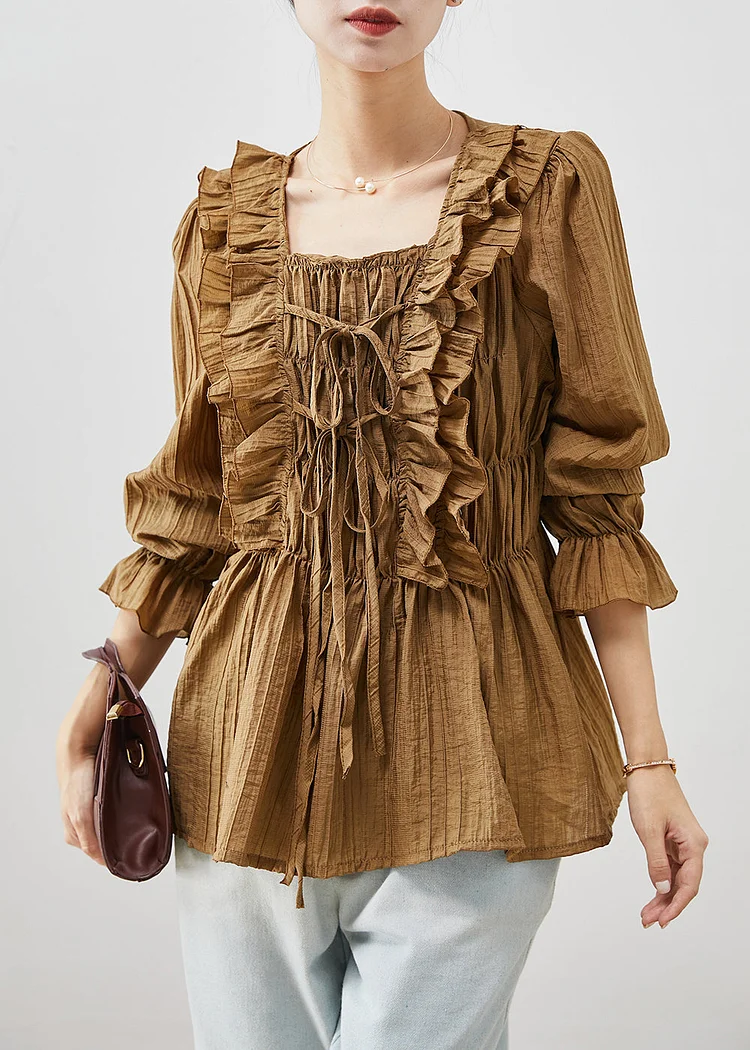 Coffee Silm Fit Cotton Shirt Tops Wrinkled Lace Up Fall
