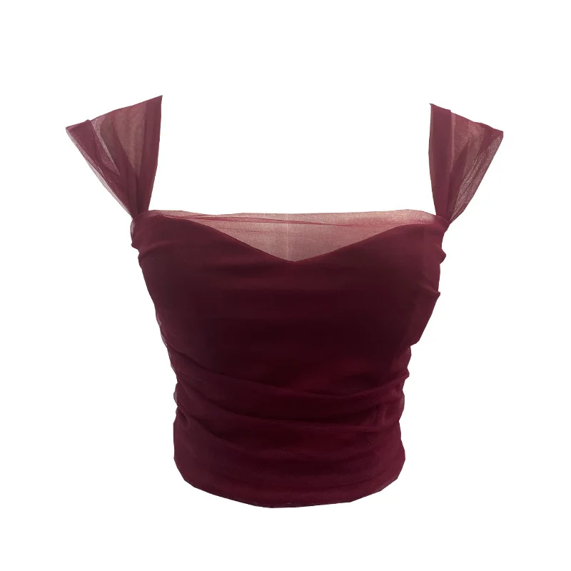 Breakj Real-Spat Thai-Style Small Design Mesh Yarn Draw-Folded Breast Sling Sling With Bra Cushion Short Sleeveless Top 8022