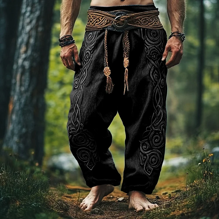 Tribal Viking Celtic Embroidery Art Linen Long Loose Wide-leg Pants