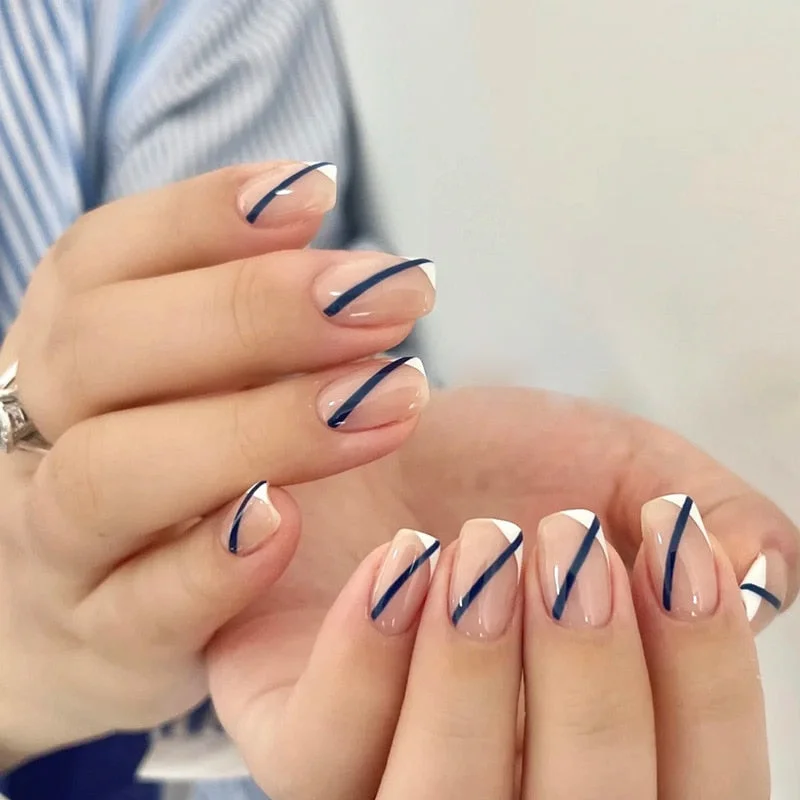24pcs Blue Waves Printed False Nail Patch Glue Type Removable Long Paragraph Fashion Manicure Coffin Fake Nail Ballerina Art-Nail Inspo