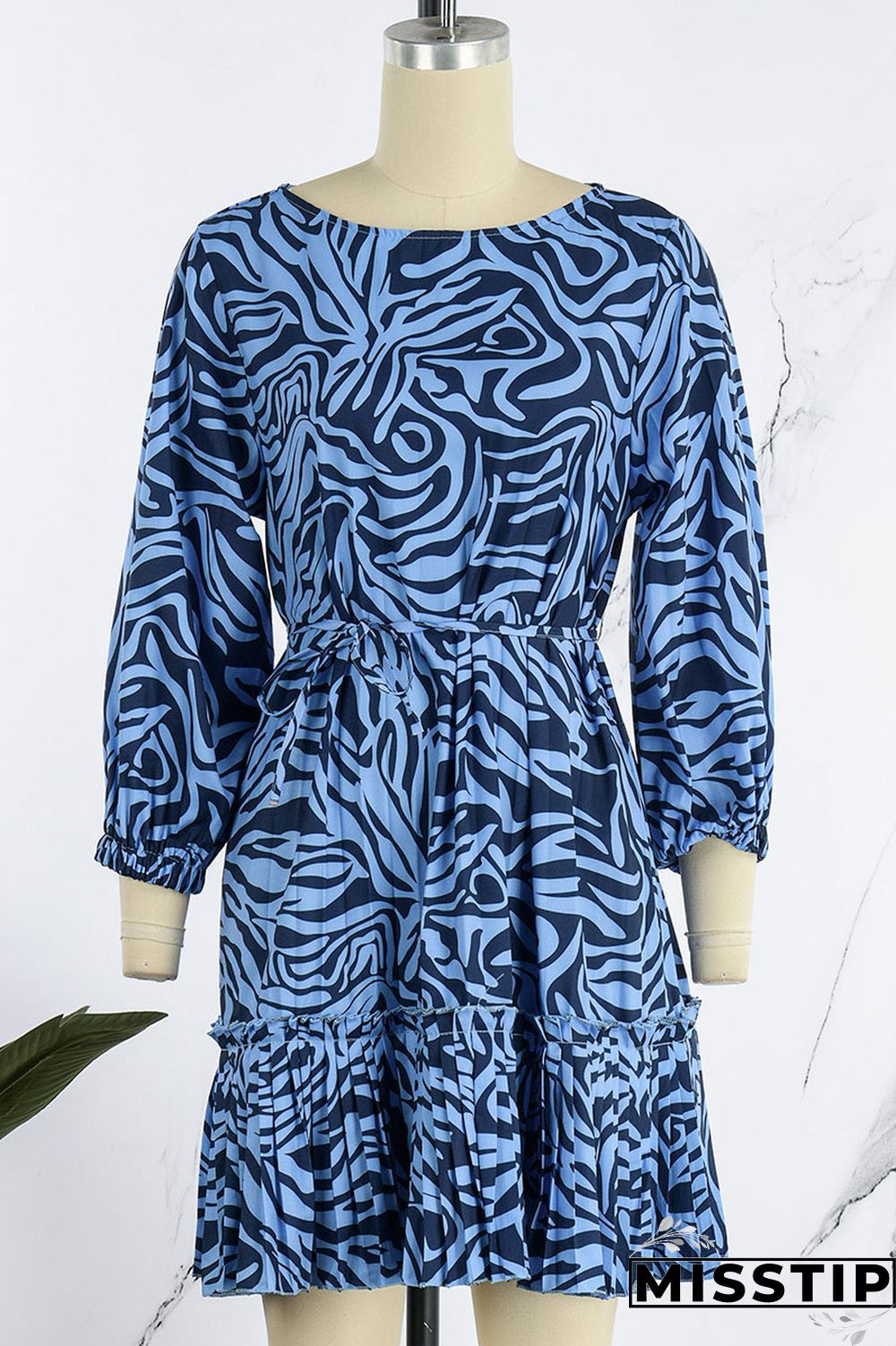 Blue Casual Print Patchwork Fold O Neck A Line Dresses