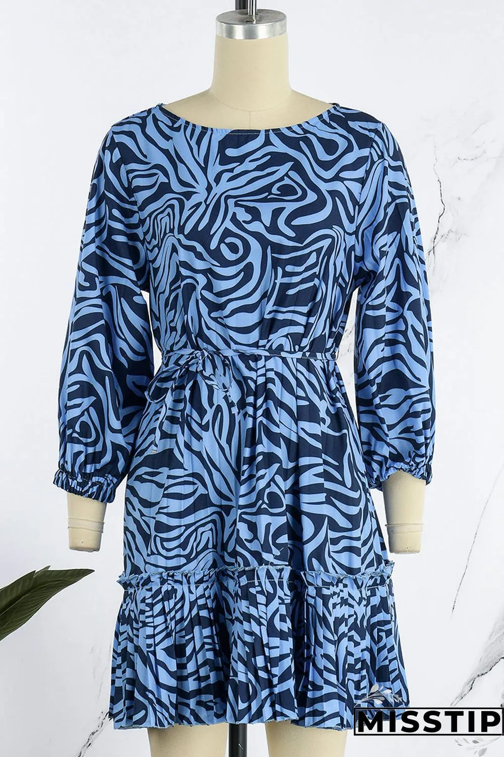 Blue Casual Print Patchwork Fold O Neck A Line Dresses
