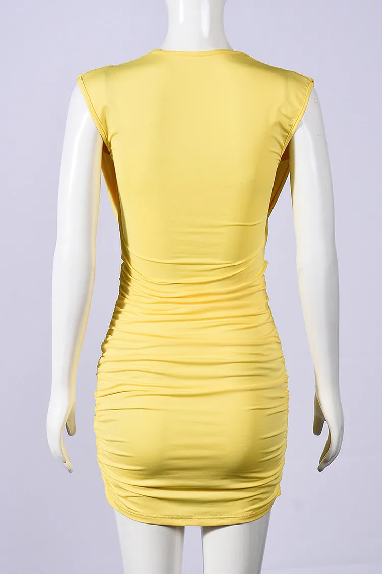 Deep Cowl Neck Metal Decor Sleeveless Ruched Bodycon Mini Dresses-Yellow Deep Cowl Neck Metal Decor Sleeveless Ruched Bodycon Mini Dresses-Yellow
