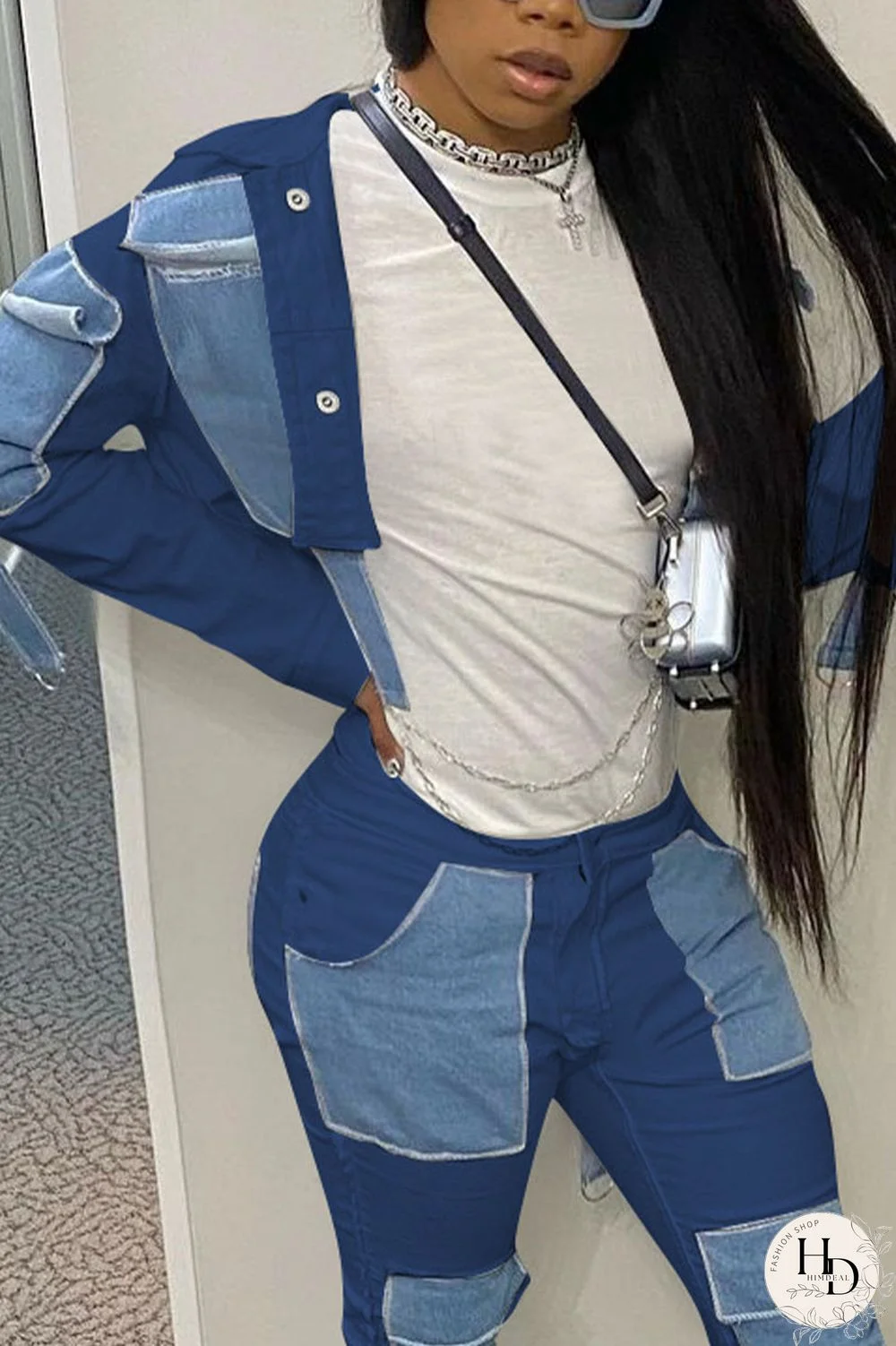 White Street Patchwork Turndown Collar Long Sleeve Loose Denim